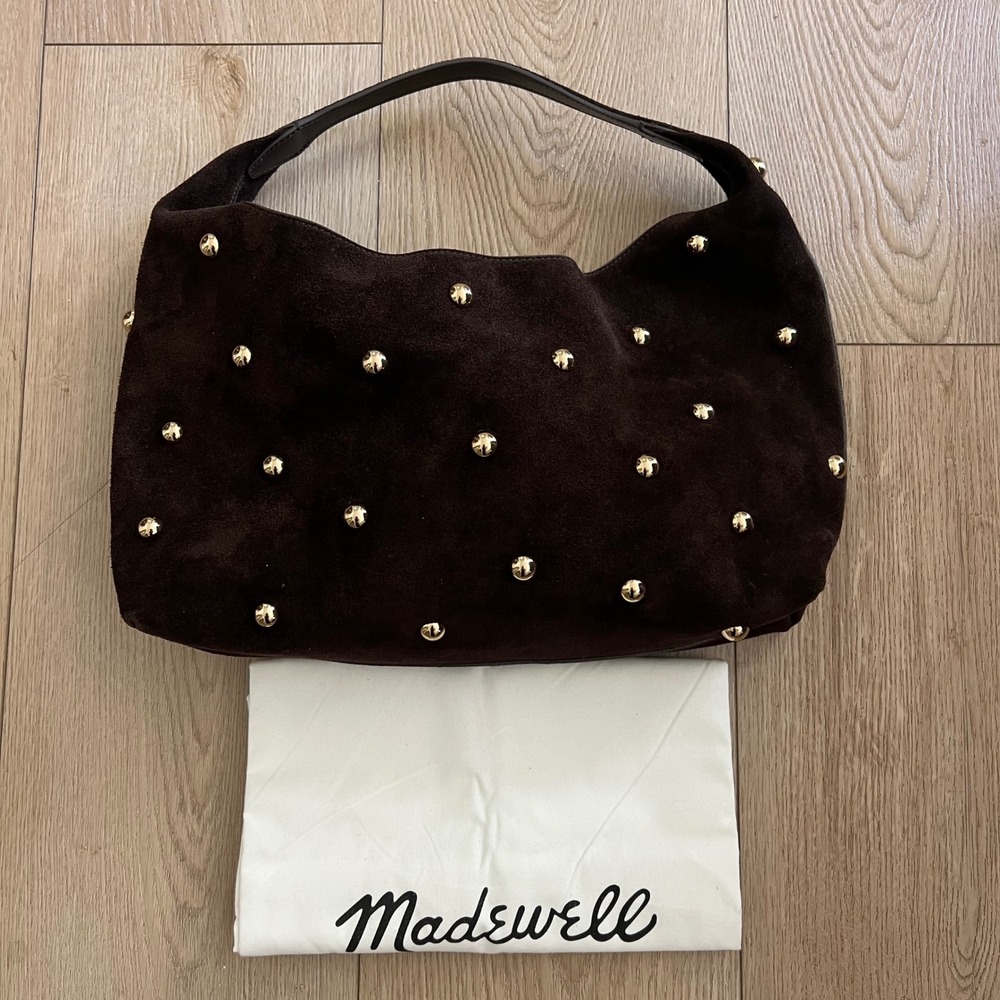 Madwell NWT The Mylie Shoulder Bag Dark Brown Suede Leather. Gold Studded